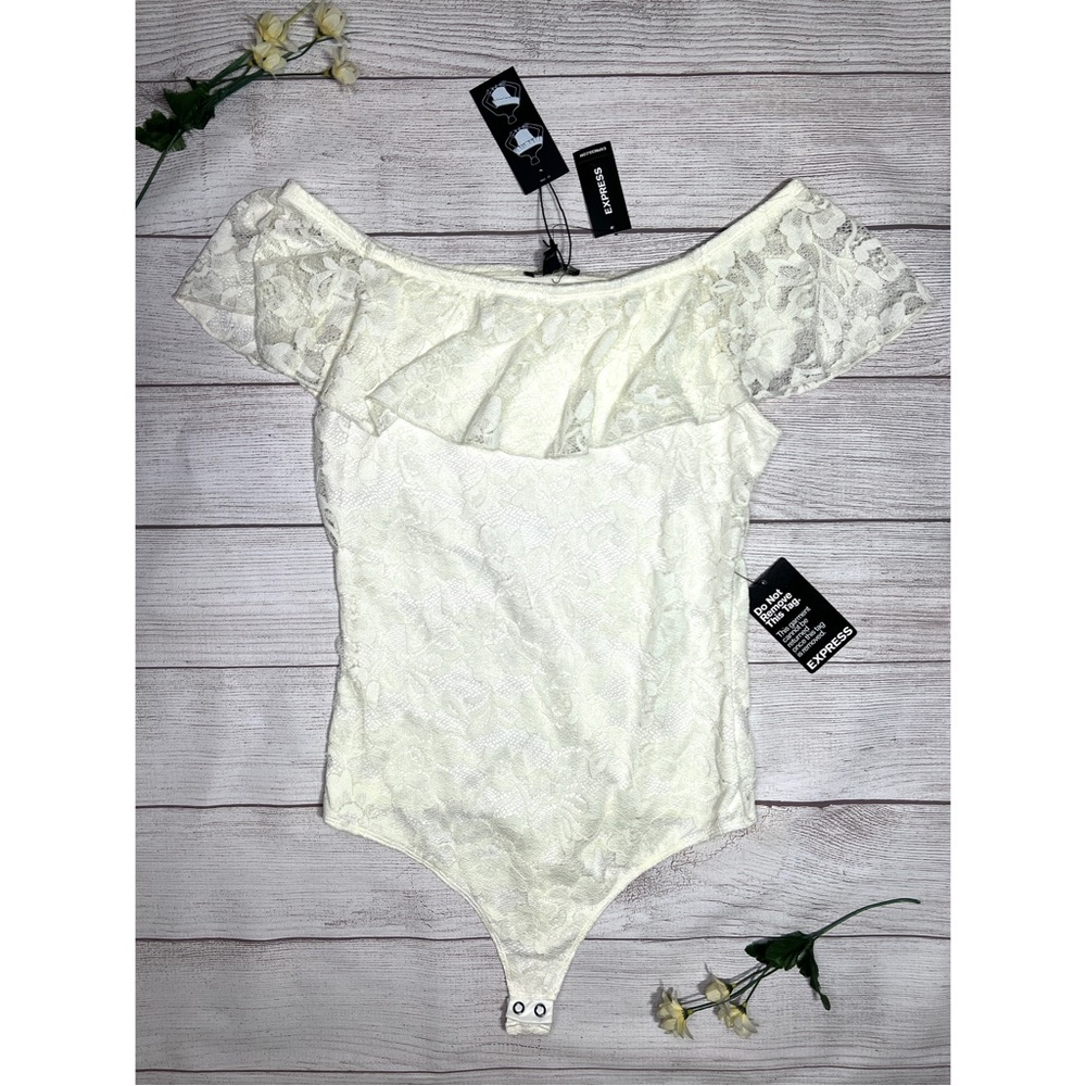 EXPRESS Off The Shoulder Ruffle Lace Thong Bodysuit - Picture 3 of 16